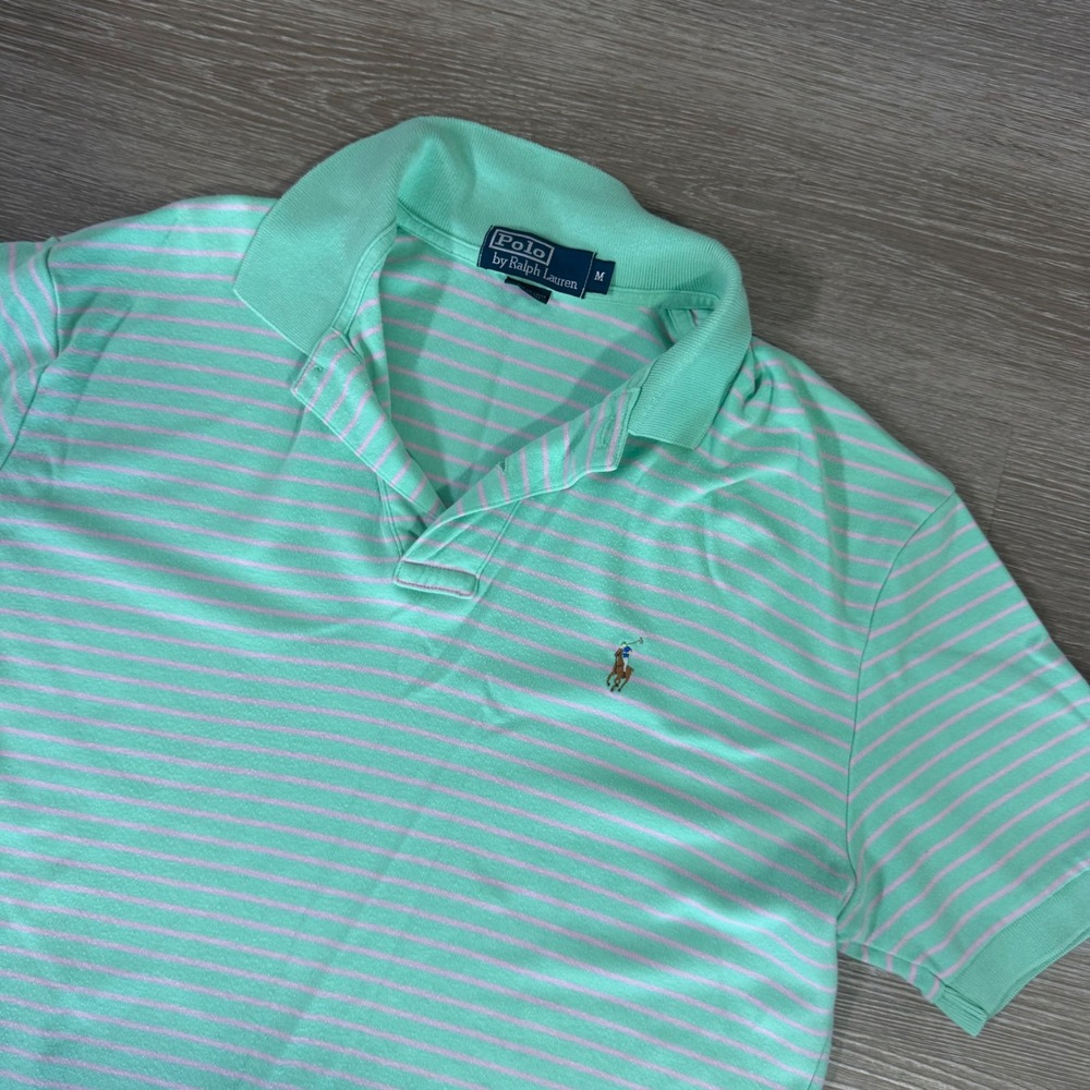 Polo Ralph Lauren Polo Shirt Mens M Green Pink Striped Short Sleeve Cotton